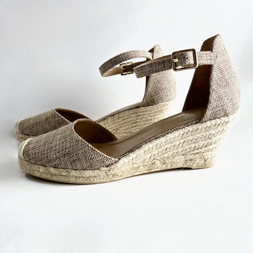 Talbots New Espadrille Wedge Heels With Ankle Strap, Brown, Tan, & Gold, Size 8